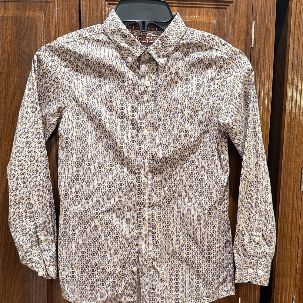 Johnston & Murphy Boys' Beige Button-Down Shirt with Navy Print
